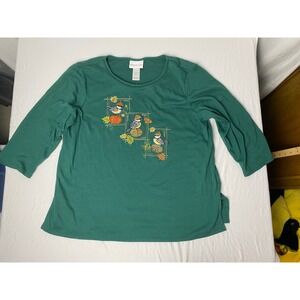 Alfred Dunner Top M Green Embroidered Bird Pumpkin Fall Thanksgiving Blouse‎